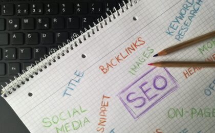 A notepad with SEO written on it surrounded by words relating to SEO, such as backlinks, images and keyword research.