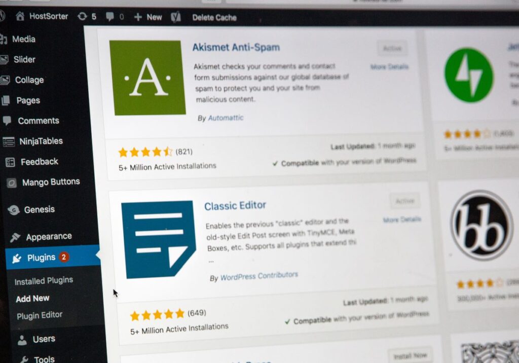 A laptop screen displaying different plugins to install in WordPress.